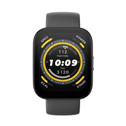 An image of the Amazfit Bip 5 fitness tracker displaying the current time, heart rate, and step count on its vibrant screen.