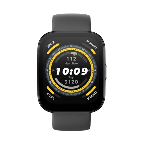 An image of the Amazfit Bip 5 fitness tracker displaying the current time, heart rate, and step count on its vibrant screen.
