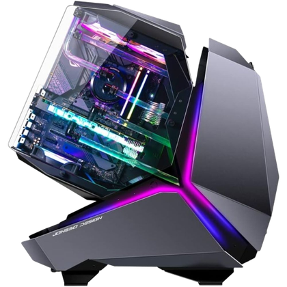 A render showing the Jonsbo Mod 5 pc case with PC components and RGB lights inside it.