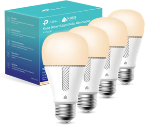 A four pack of Kasa Smart Light Bulbs in white in front of their box.