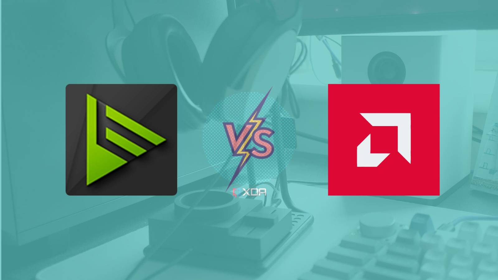 An image showing Nvidia Broadcast & AMD Adrenalin software logo with a versus illustration in the middle and a headset & speaker in the backgrround.