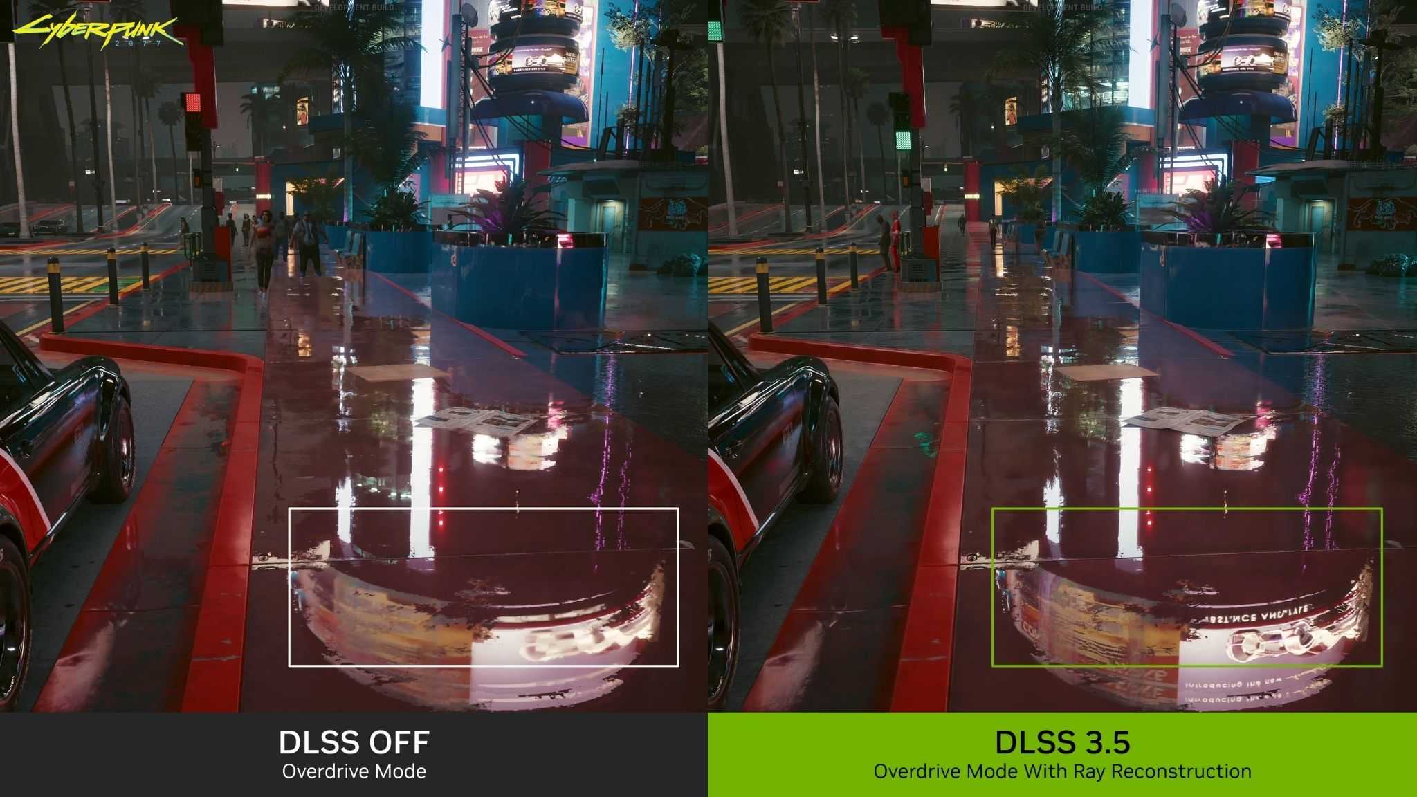 An image showing two screenshots side-by-side to highlight the difference in image quality with and without DLSS 3.5.