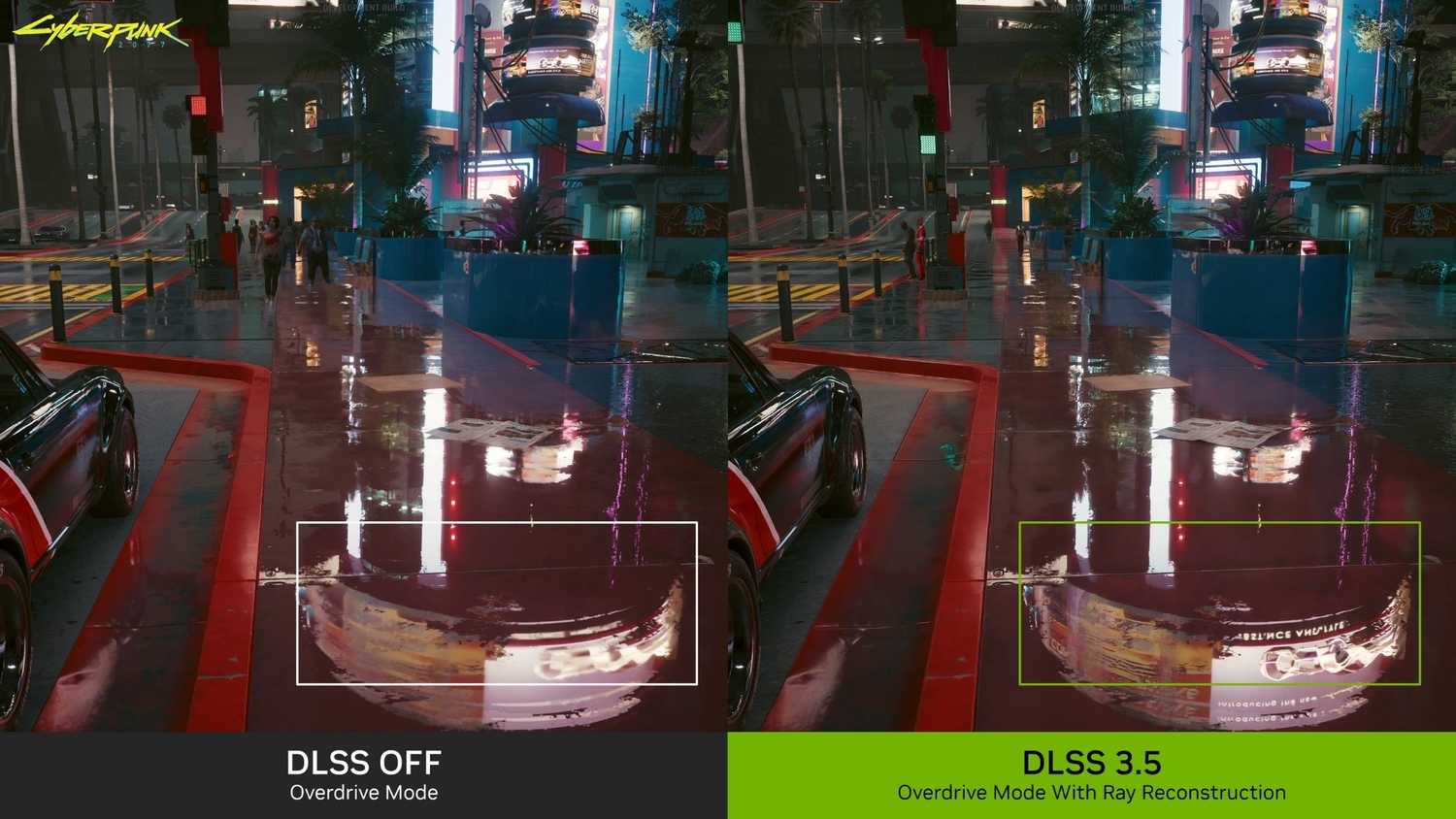 An image showing two screenshots side-by-side to highlight the difference in image quality with and without DLSS 3.5.