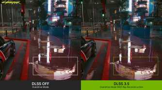 An image showing two screenshots side-by-side to highlight the difference in image quality with and without DLSS 3.5.