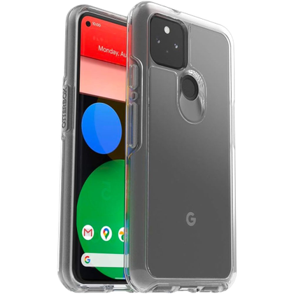 A render showing the OtterBox Symmetry case with a clear finsih installed on a Pixel 5.