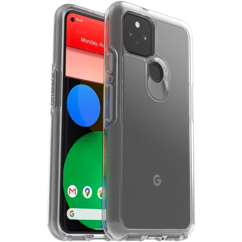 A render showing the OtterBox Symmetry case with a clear finsih installed on a Pixel 5.