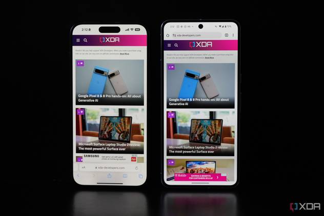 iPhone 15 Pro Max screen (left) and Pixel 8 Pro screen (right)