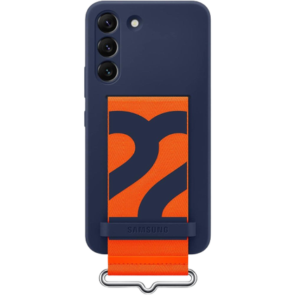 A render showing the Samsung Silicone cover for Galaxy S22 in navy and orange colors.