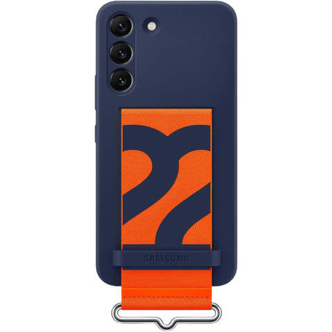 A render showing the Samsung Silicone cover for Galaxy S22 in navy and orange colors.
