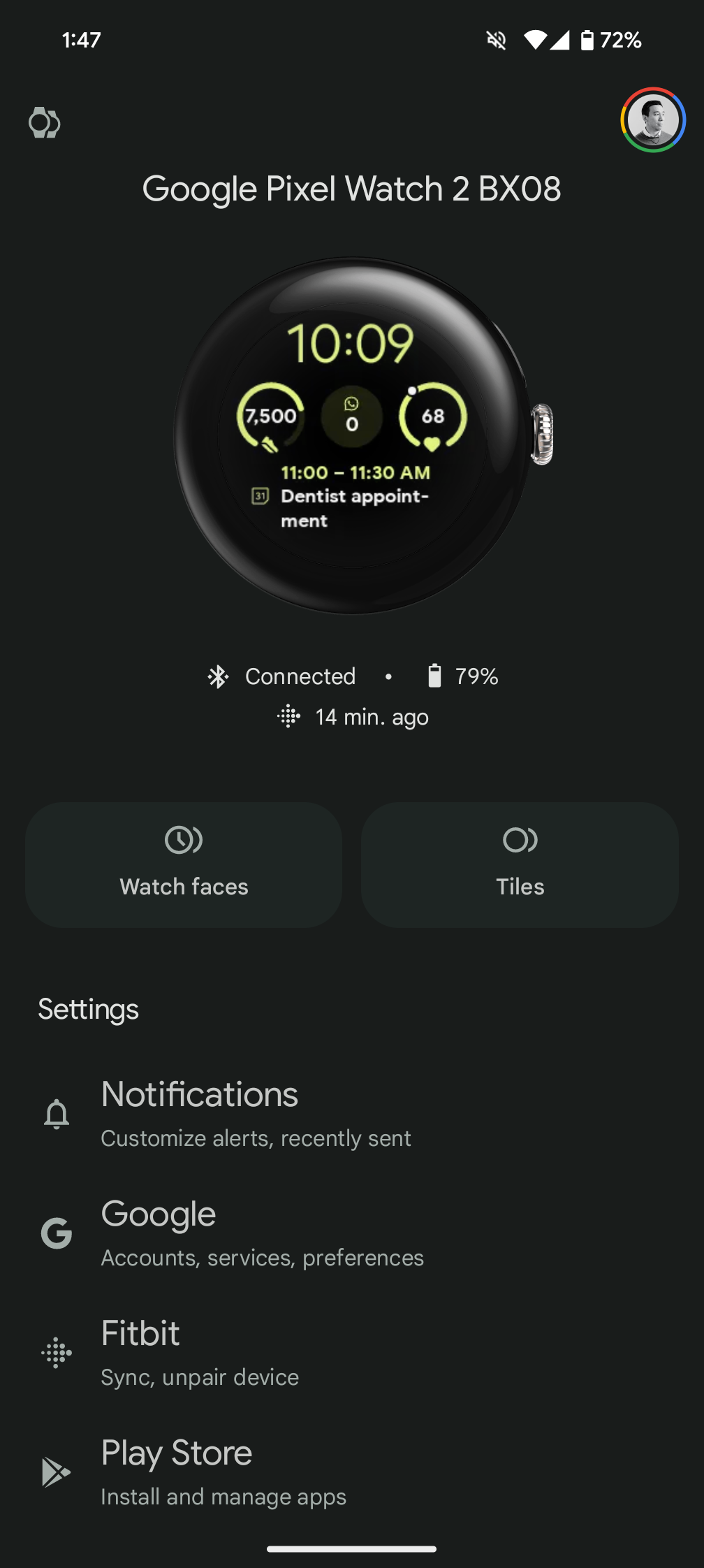 A screen of the Pixel Watch 2 in Android's settings