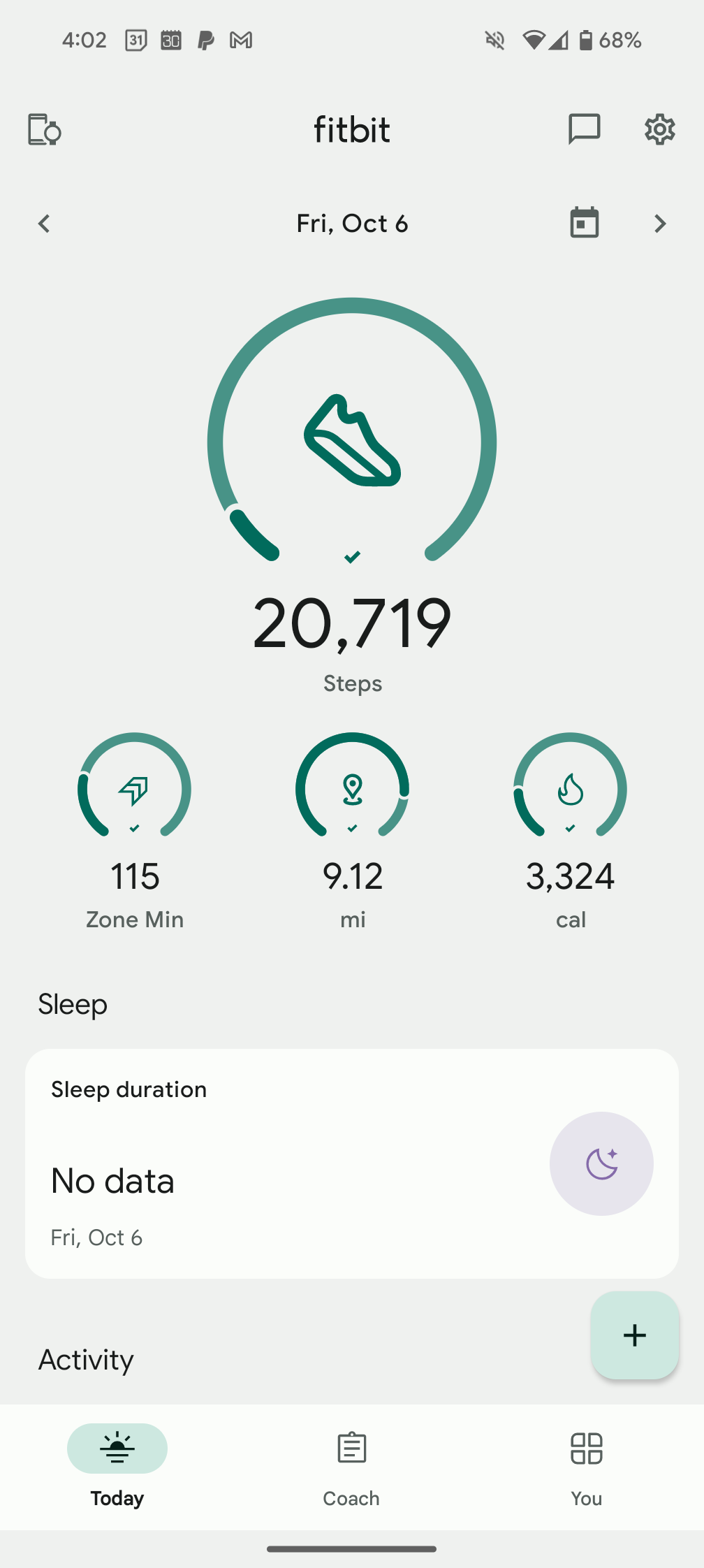 The overview of the Pixel Watch 2's activity in the Fitbit app
