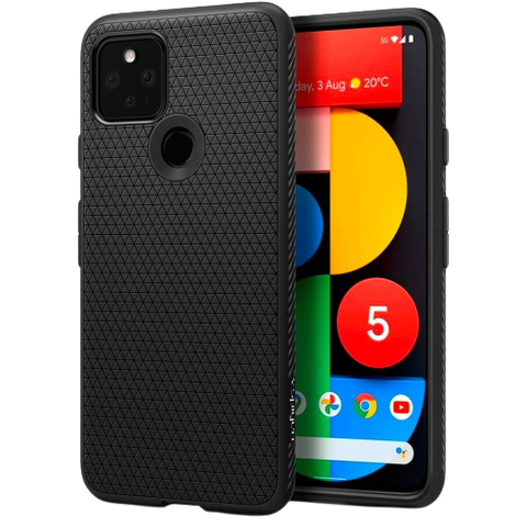 A render showing Spigen's Liquid Air Armor case for the Pixel 5 in black color.