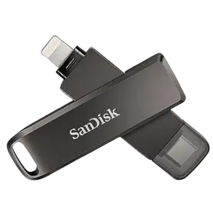 SanDisk iXpand Luxe flash drive on transparent background