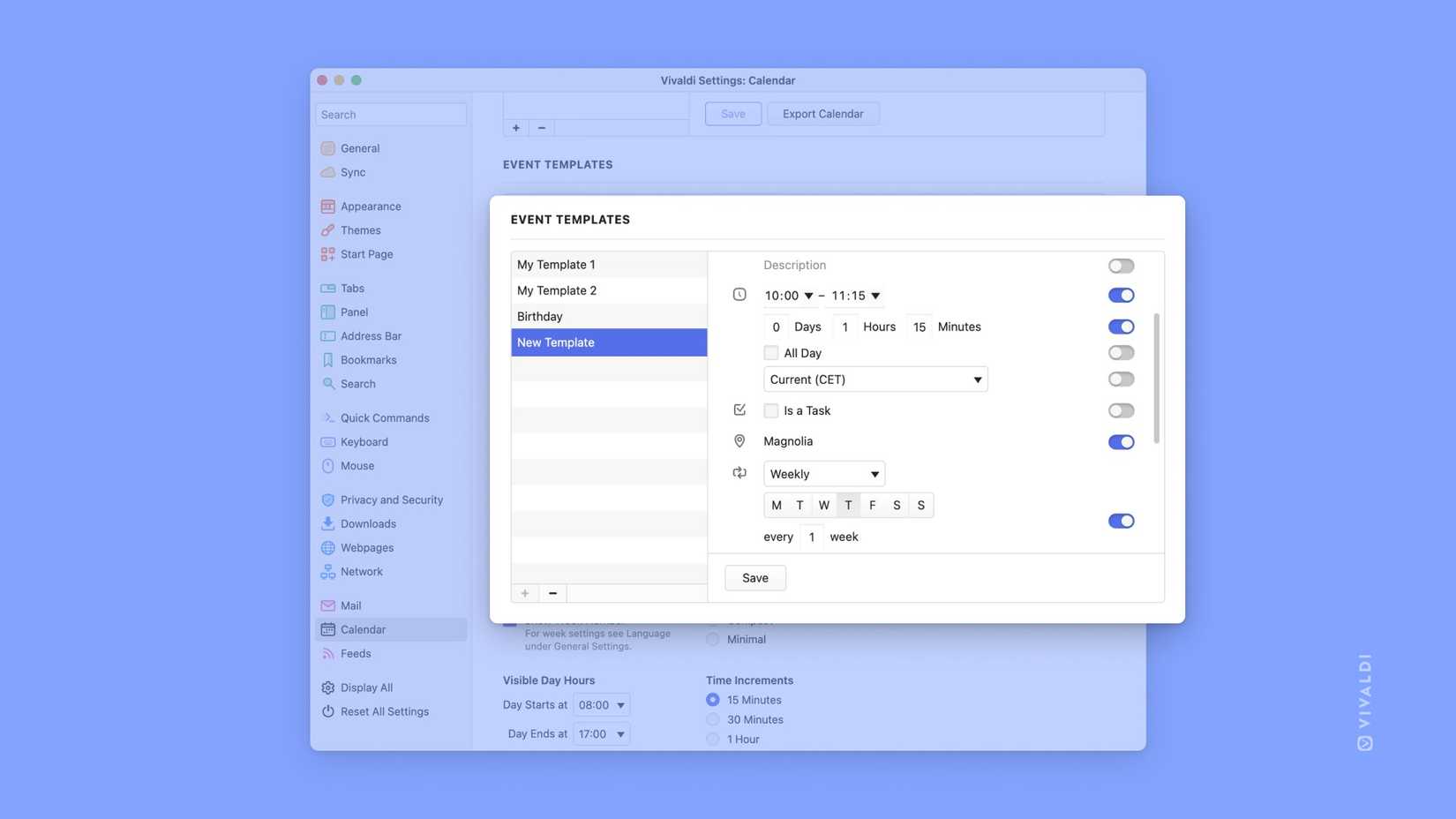 Screenshot of Vivaldi settings creating a calendar template