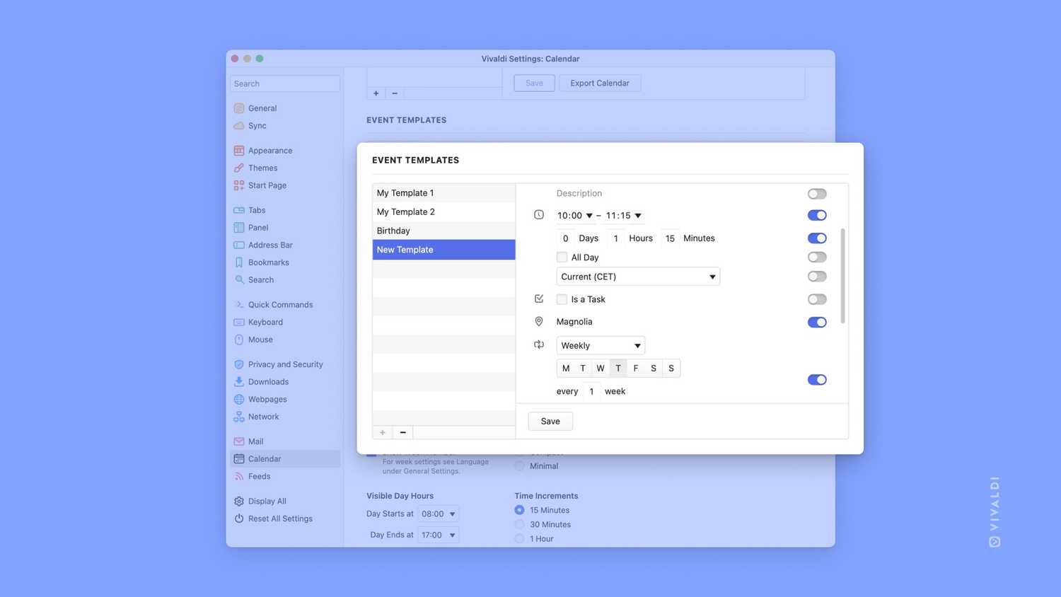 Screenshot of Vivaldi settings creating a calendar template