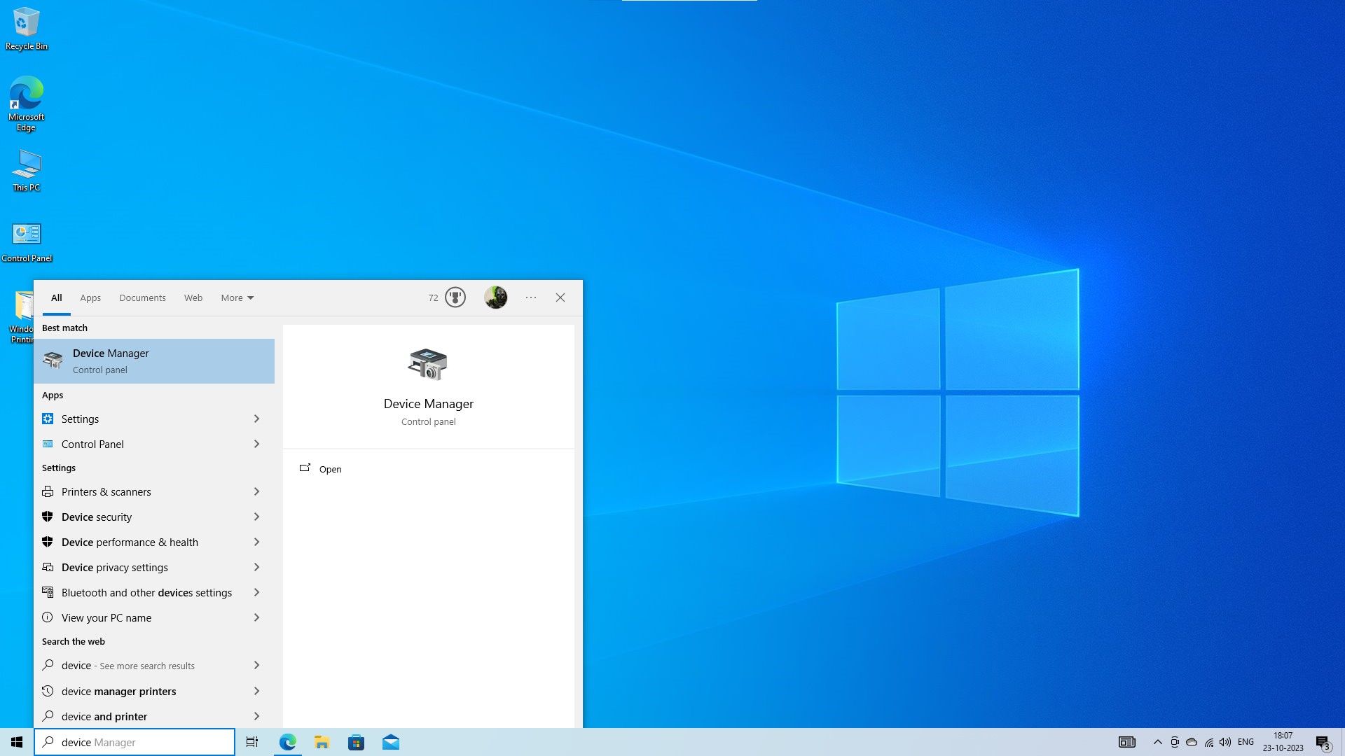 searching for device manager in windows 10 