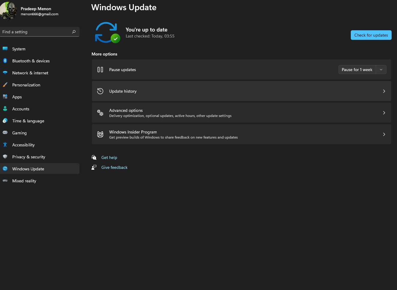 windows update page inside windows 11 settings