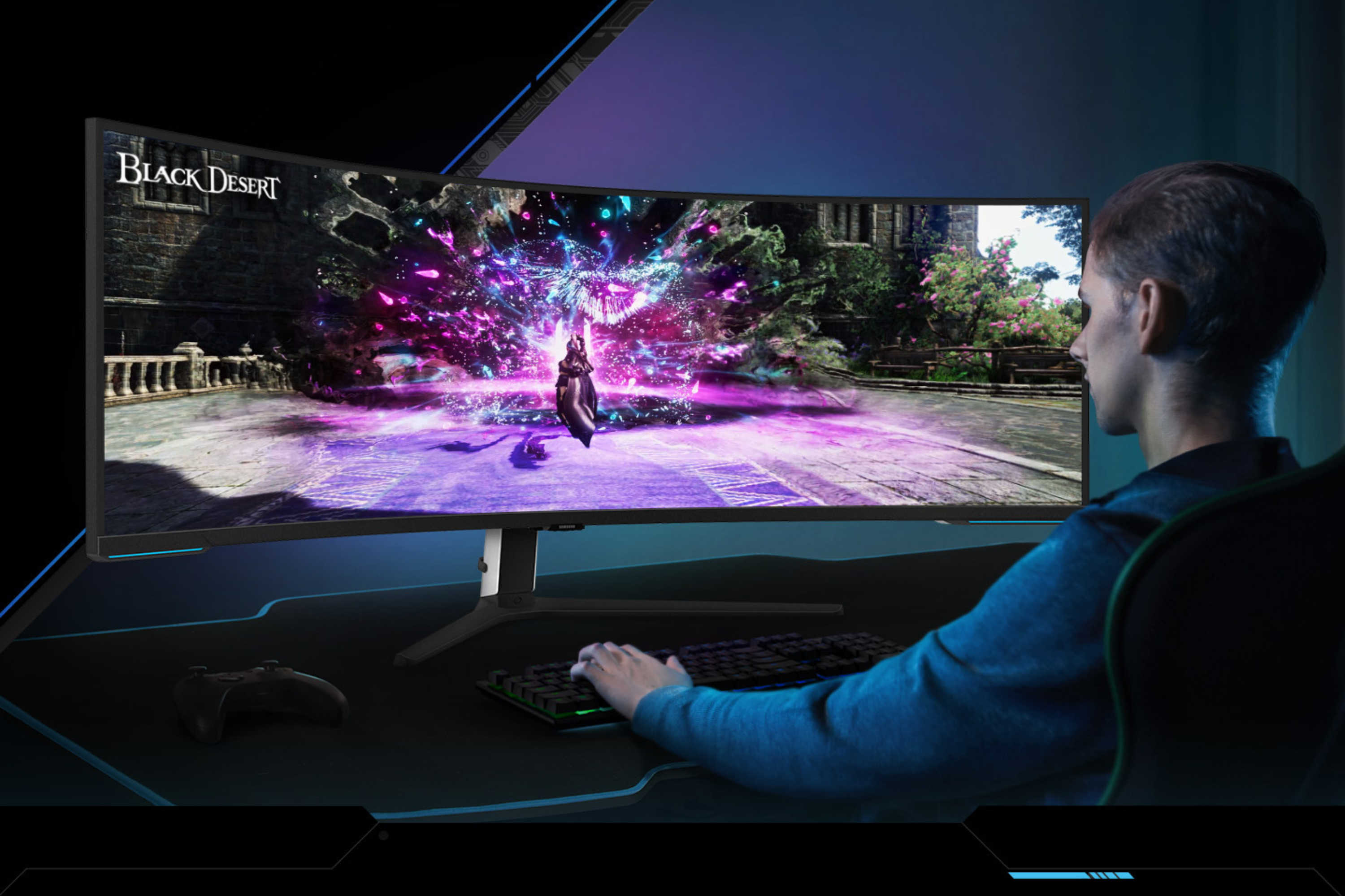 Person sitting in front of Samsung 57-inch Odyssey Neo G9 monitor
