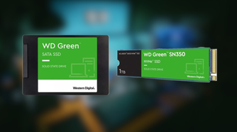 Western Digital 1TB WD Green Internal SSD and 1TB WD Green SN350 NVMe Internal SSD on blurred background