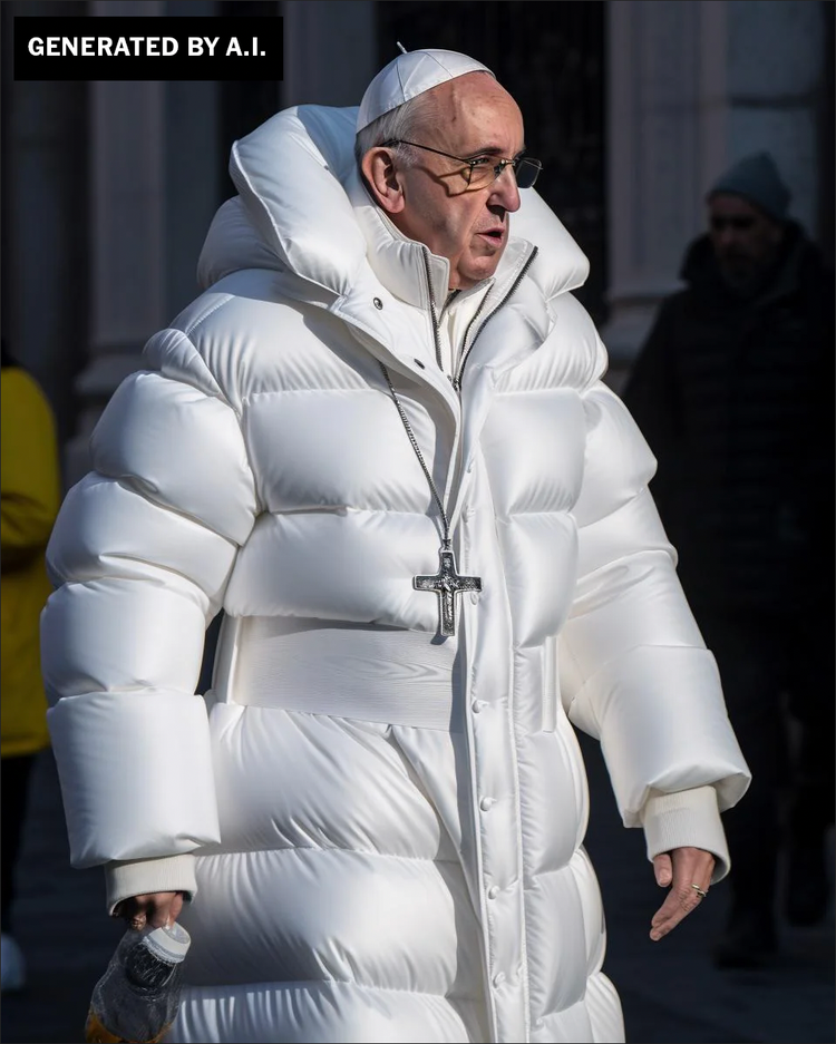 AI Generated Pope Francis in a white puffer jacket