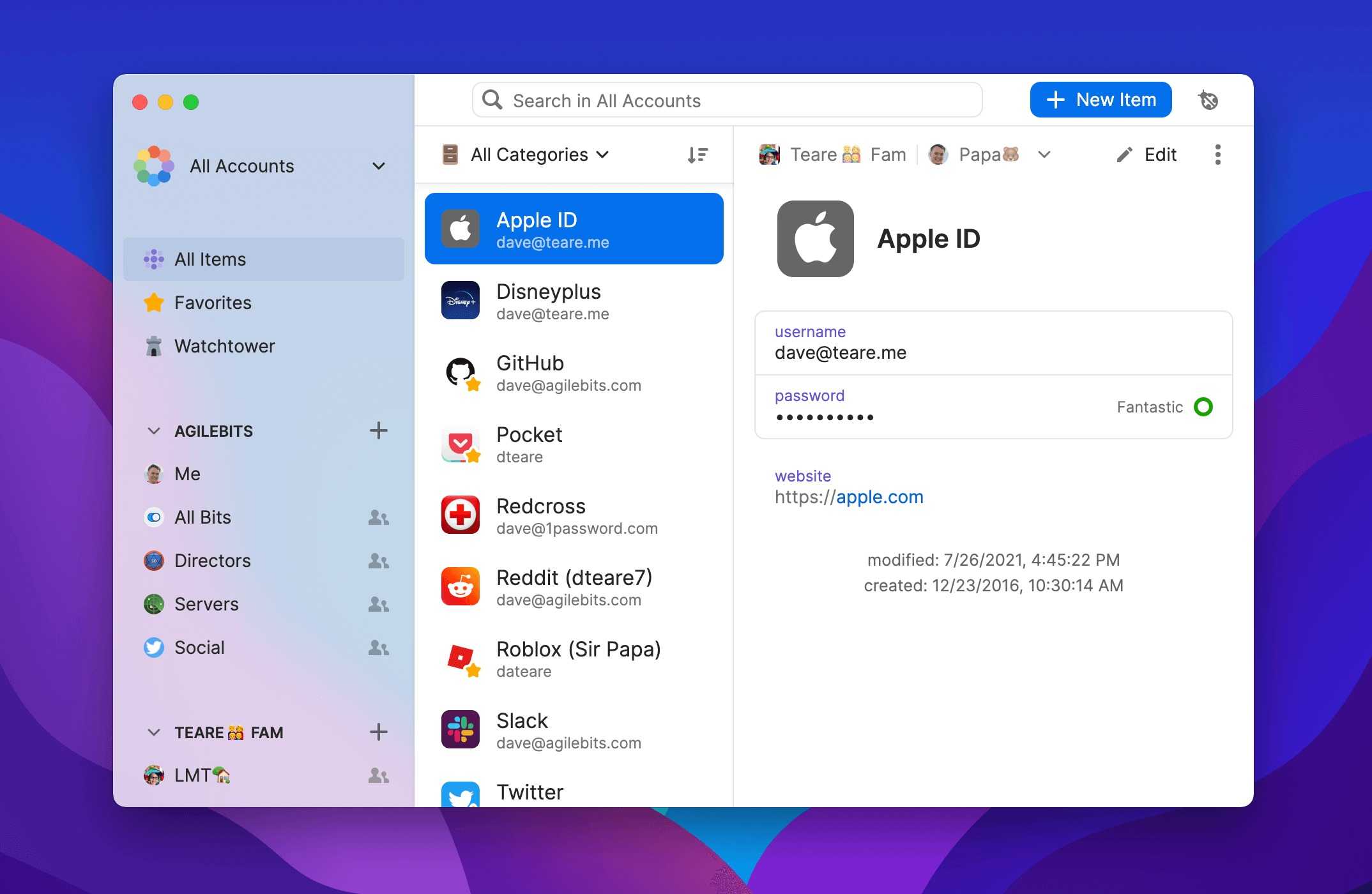 1Password app showing Apple ID and various stored passwords.