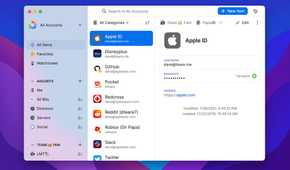 1Password app showing Apple ID and various stored passwords.