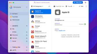 1Password app showing Apple ID and various stored passwords.