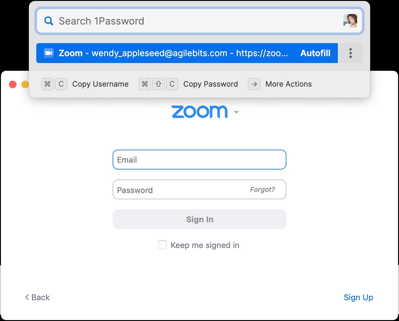 1Password app showing search field for a Zoom password.