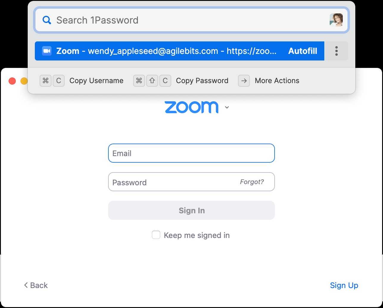 1Password app showing search field for a Zoom password.
