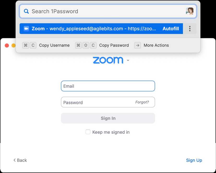 1Password app showing search field for a Zoom password.