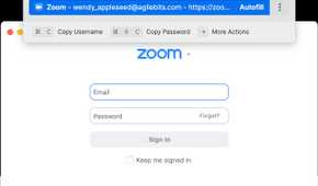 1Password app showing search field for a Zoom password.