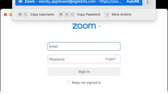 1Password app showing search field for a Zoom password.