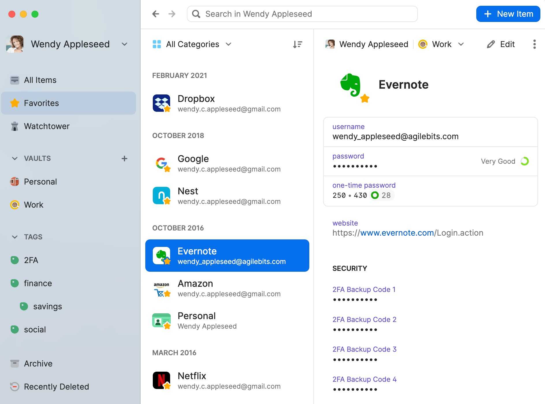 1Password app showing Evernote and information about the password, security, and more.
