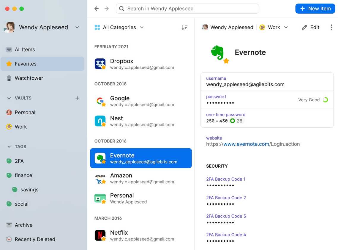 1Password app showing Evernote and information about the password, security, and more.