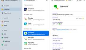 1Password app showing Evernote and information about the password, security, and more.