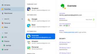 1Password app showing Evernote and information about the password, security, and more.