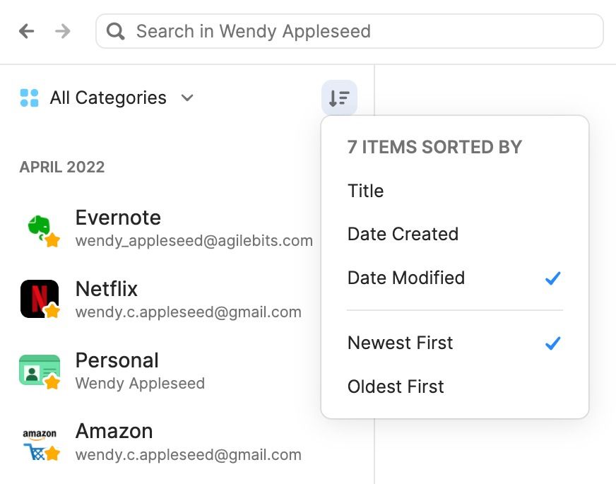 1Password app showing passwords sorted by category