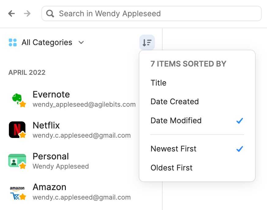 1Password app showing passwords sorted by category