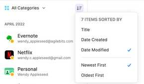 1Password app showing passwords sorted by category