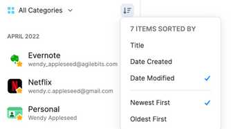 1Password app showing passwords sorted by category