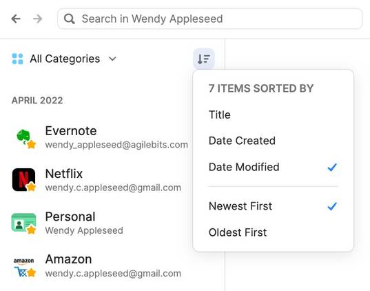 1Password app showing passwords sorted by category