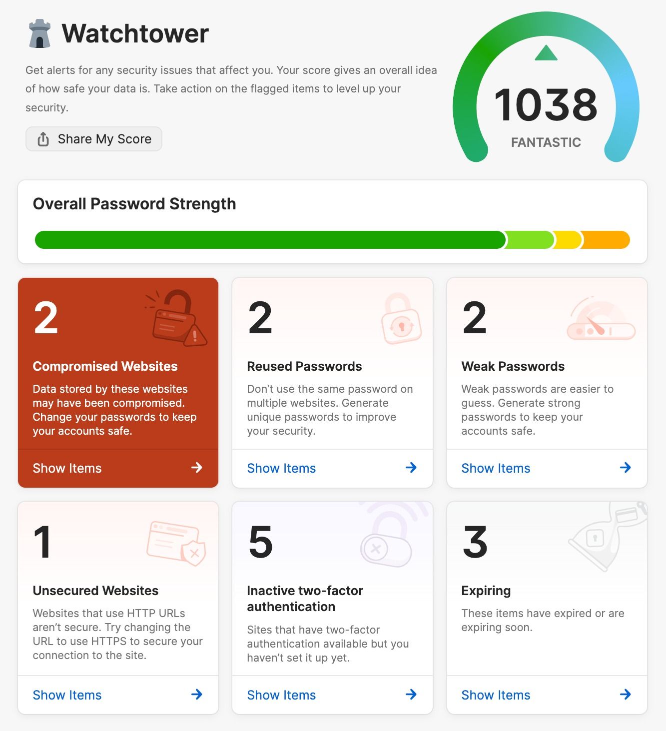 1Password app Watchtower view showing any security breaches.