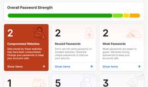 1Password app Watchtower view showing any security breaches.