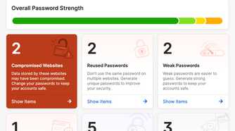 1Password app Watchtower view showing any security breaches.