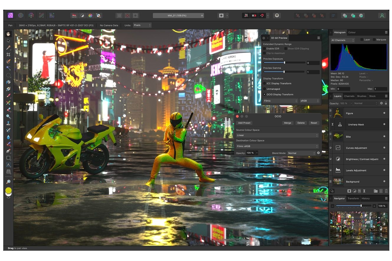 Affinity Photo 2 showing a power ranger on a street dynamic range settings visible