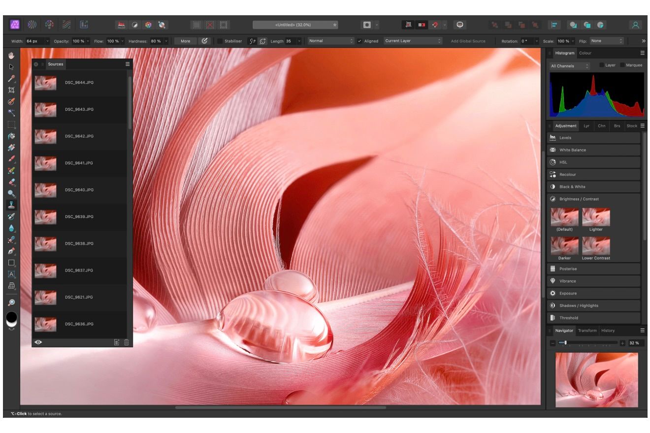 Affinity Photo 2 showing a water droplet photo, with the sidebar showing the source and other shots