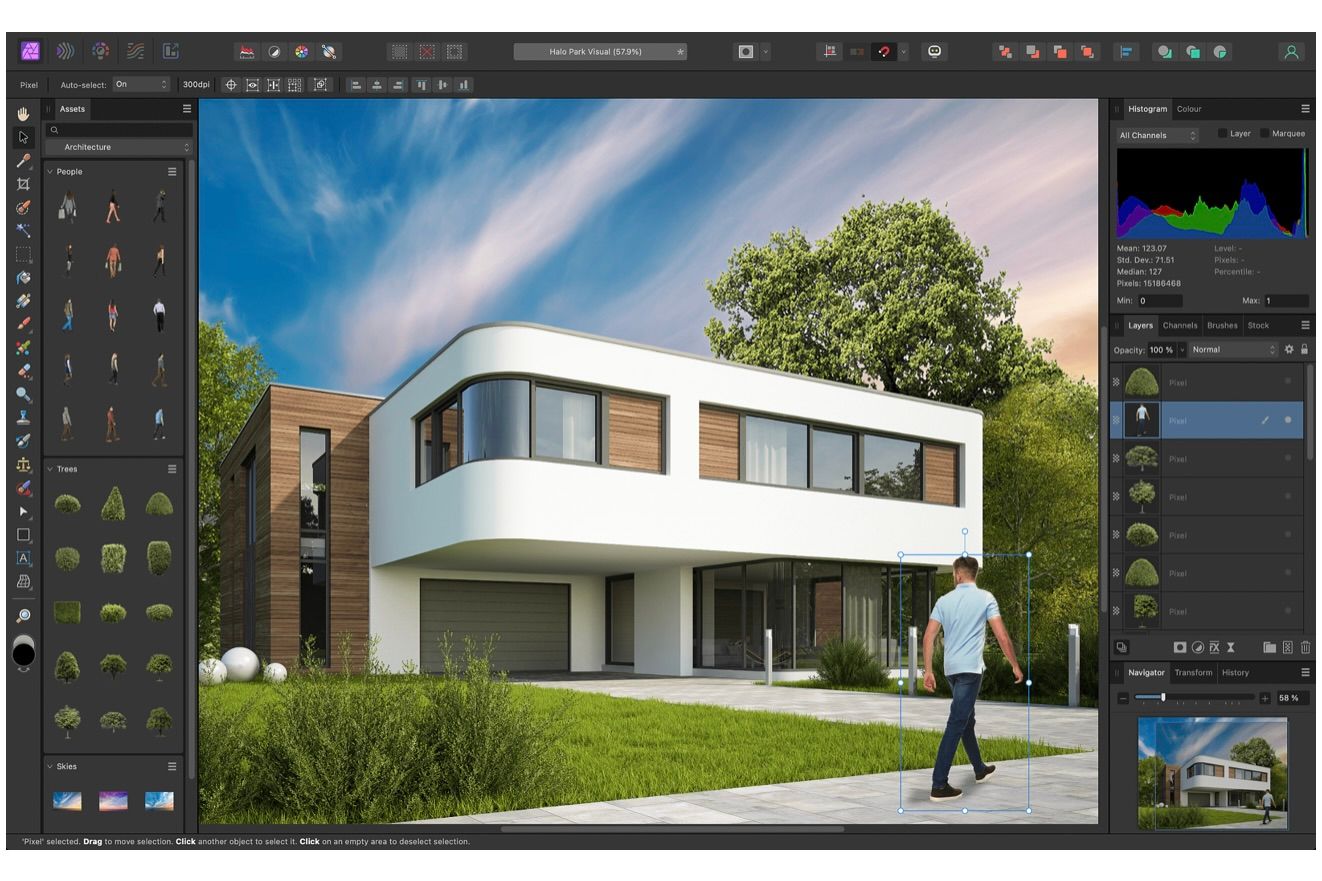 Affinity Photo 2 showing library items in the sidebar, with a person being inserted in an image of a house