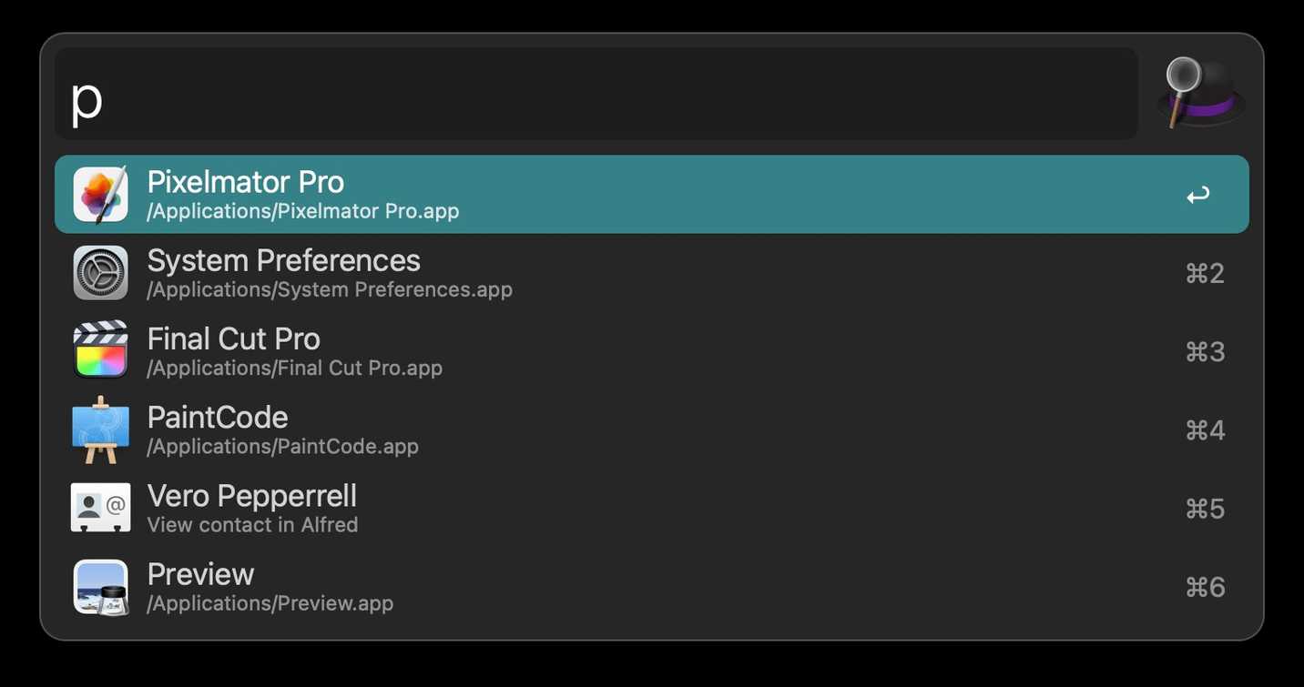 Alfred app showing a history of links and open files.