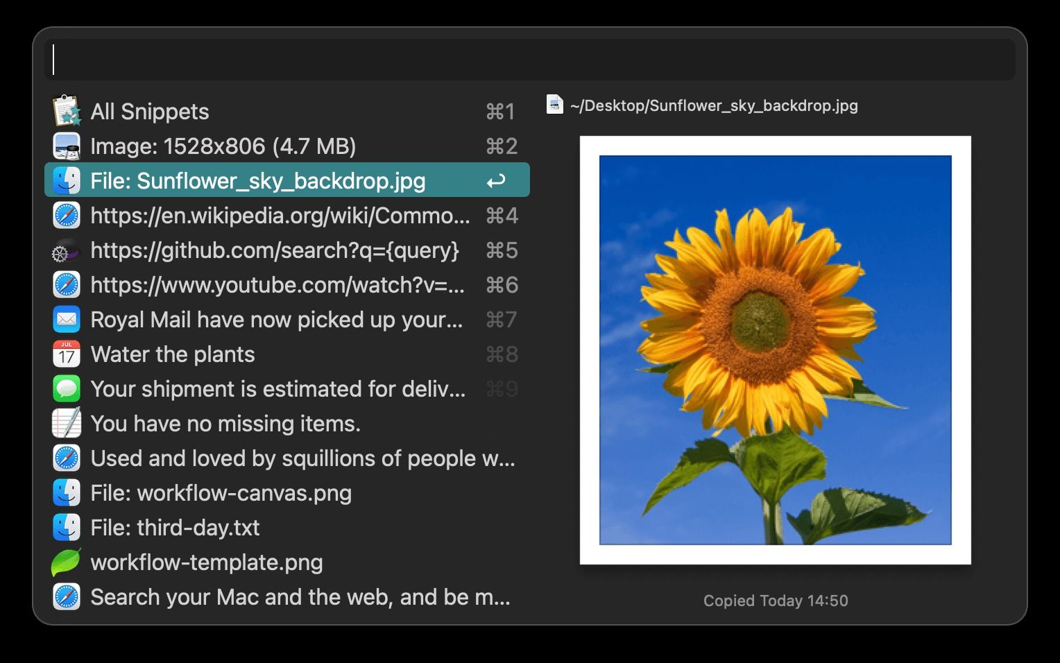 Alfred app showing a list of files with one selected.