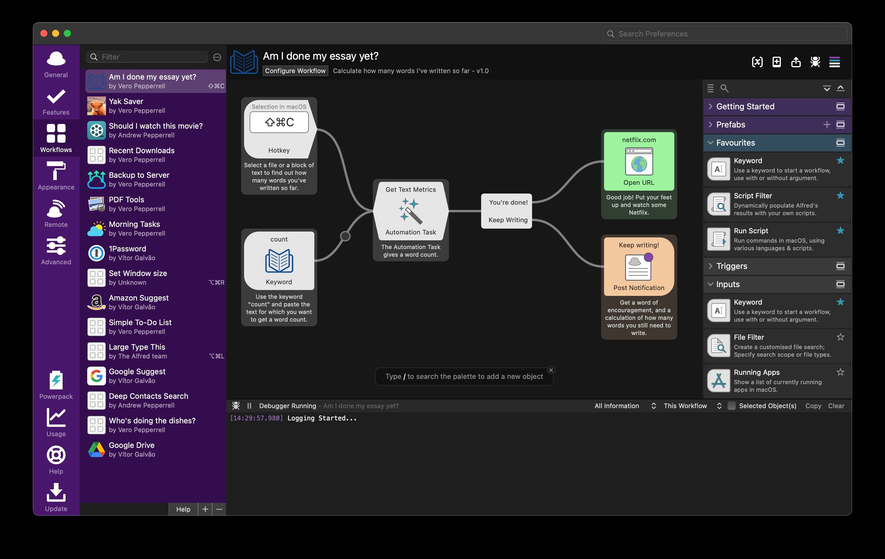 The Workflow feature in the Alfred app.